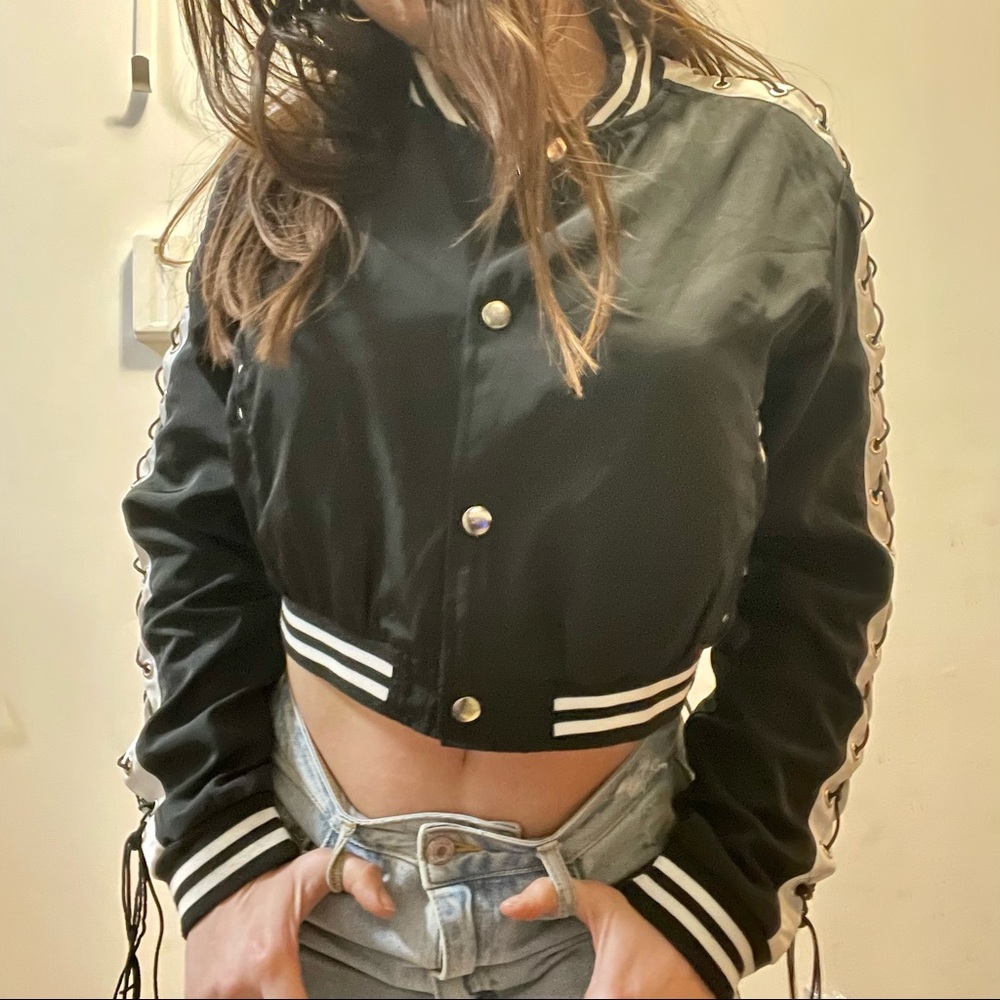 cropped bomber varsity jacket w/ laced-up details